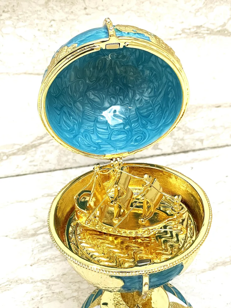 Designer Blue Faberge Egg Pure Gold Fabergé Egg Swarovski Handmade Fish Good Luck Symbolism Sailing the Seas of Knowledge Graduation Gift