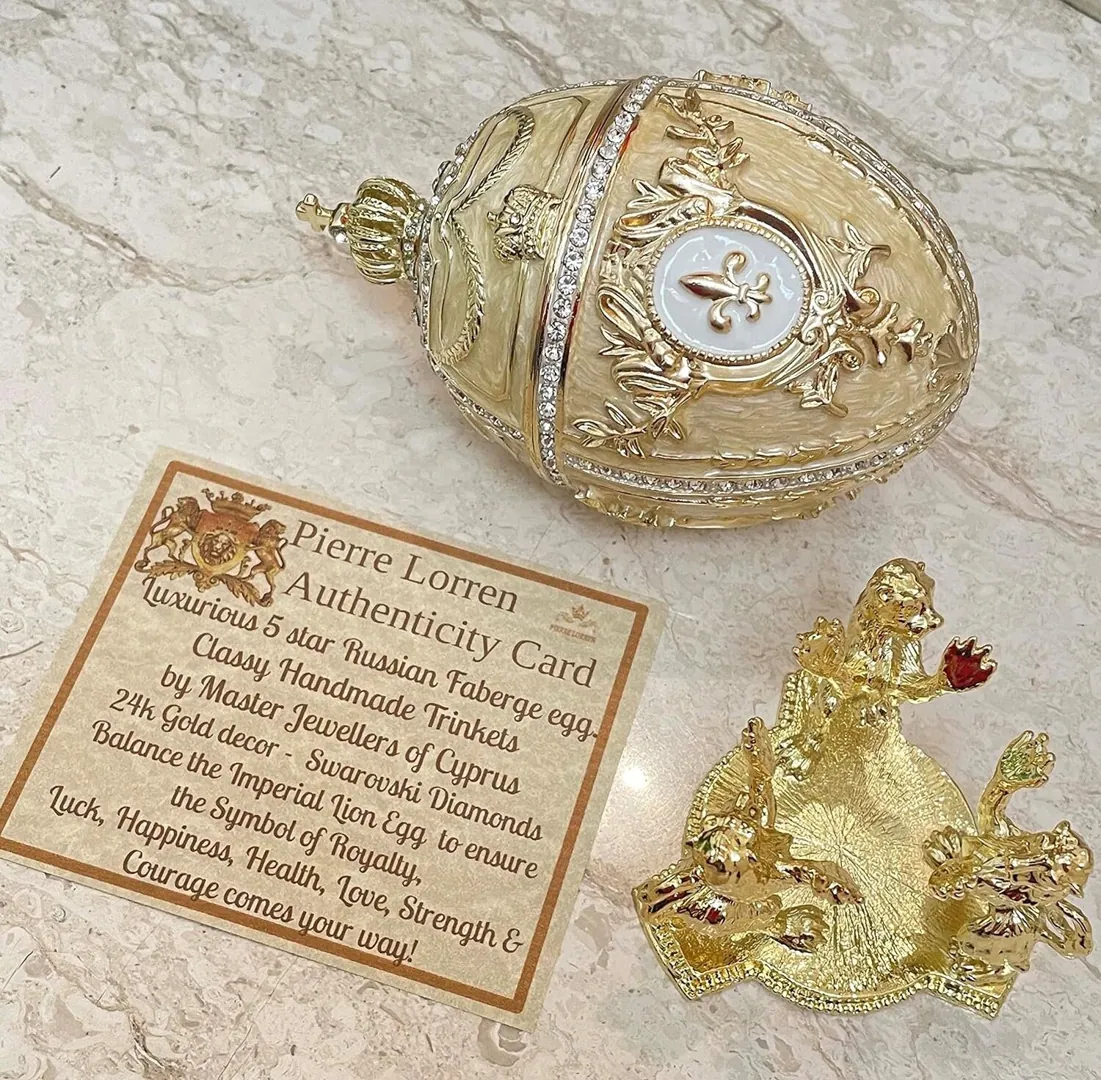 PierreLorren Faberge Egg Designer 5-Star Pure Gold Home Decor Faberge Style Decorative Boxes and Diamond Bracelet Bridal Shower Gift for Bride.