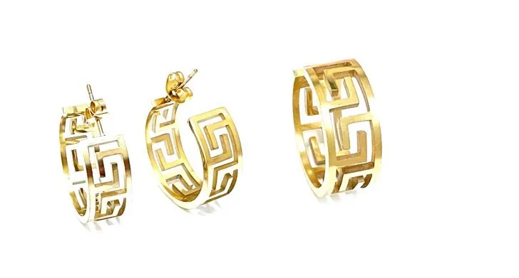 Made In Greece Gold Hoop Earrings & Meander Ring Ancient Greek Jewelry 18k Gold Vermeil Greek Key Earrings Gold Her Greek Key Ring Meandros