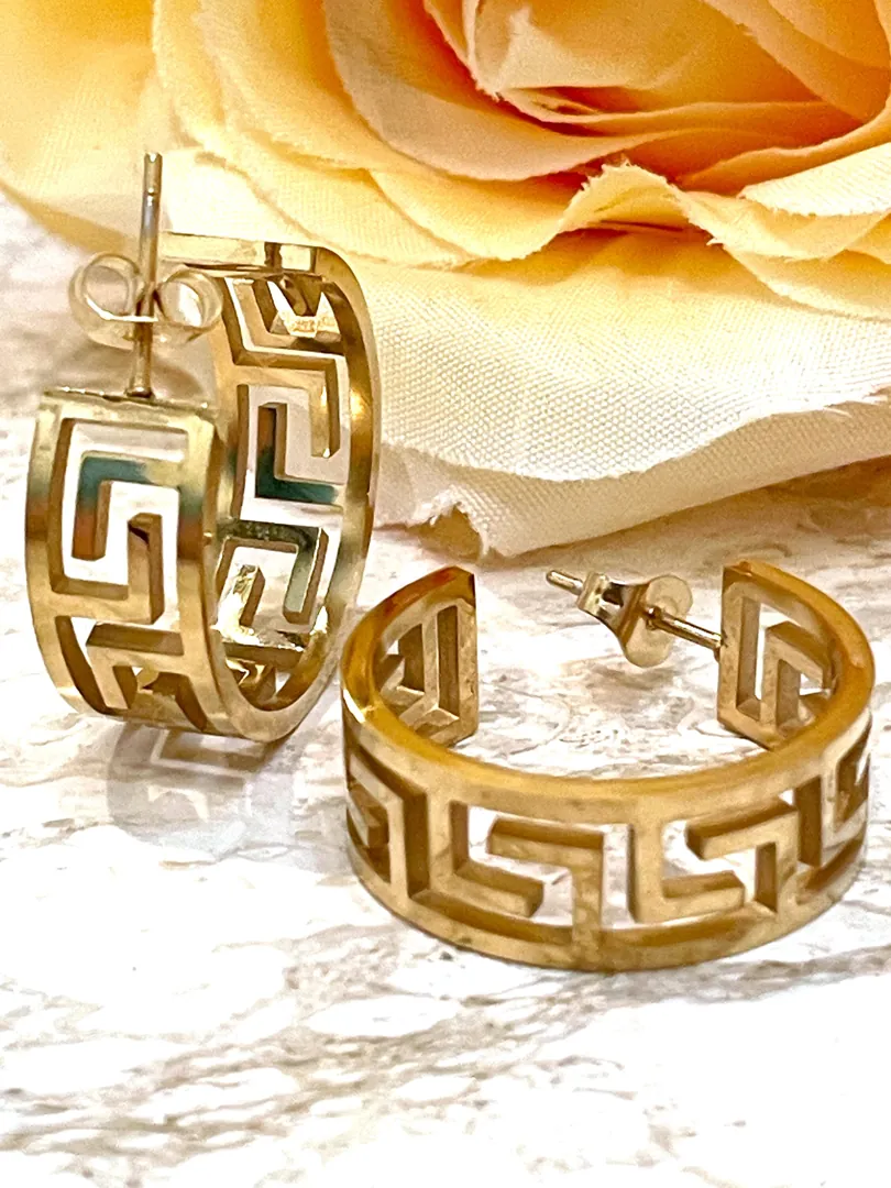 Made In Greece Gold Hoop Earrings & Meander Ring Ancient Greek Jewelry 18k Gold Vermeil Greek Key Earrings Gold Her Greek Key Ring Meandros