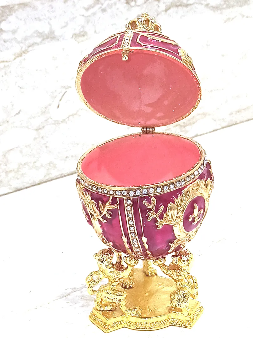 Imperial Faberge Egg Trinket Jewel Box with Lions & Emperor's Crown 16.8 cm (6.5 inches) Red 200 Handset 5 ct Swarovski Diamond Christmas Present.