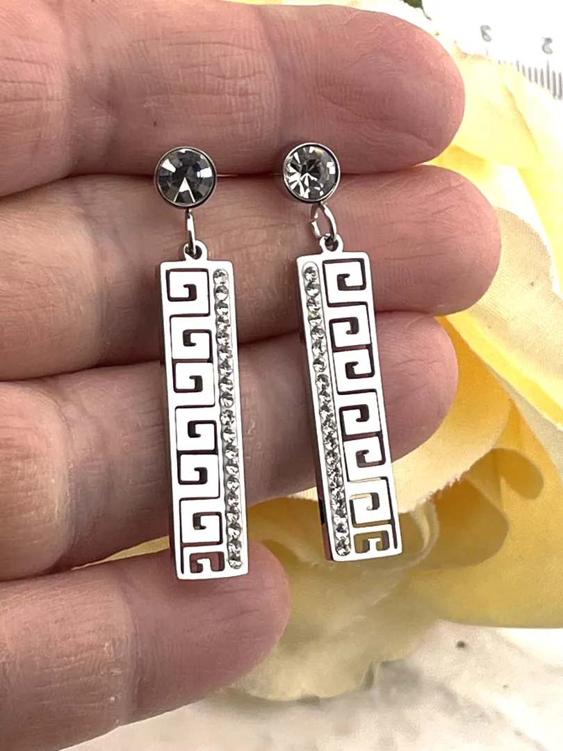 18k Gold Greek Key Design Diamond Meander Earrings Greek Key Drop Earrings Greek Key Pattern Jewelry 42 Austrian Crystal Diamonds