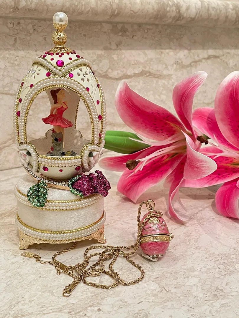 Luxurious 18th Birthday Gift for Granddaughter: 2005 Pink Faberge Egg Music Box and Fabergé Egg Style Necklace, Perfect Gift for a Ballerina.
