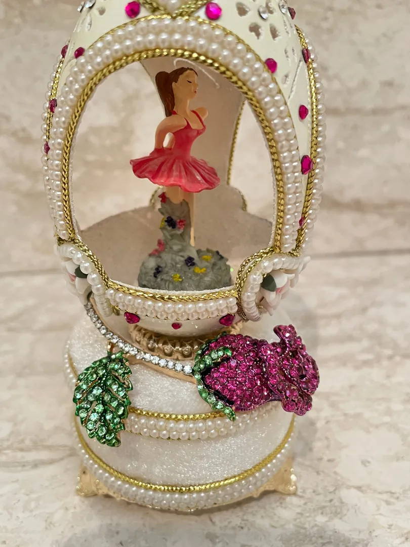 Luxurious 18th Birthday Gift for Granddaughter: 2005 Pink Faberge Egg Music Box and Fabergé Egg Style Necklace, Perfect Gift for a Ballerina.
