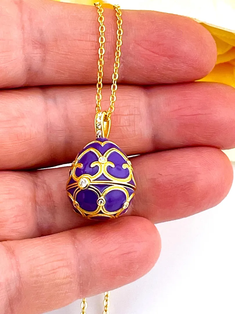 Pierre Lorren Faberge Necklace & Amethyst Bracelet Faberge Egg Pendant Set Austrian Crystal Diamond Fabergé Style Pendant Faberge Jewelry