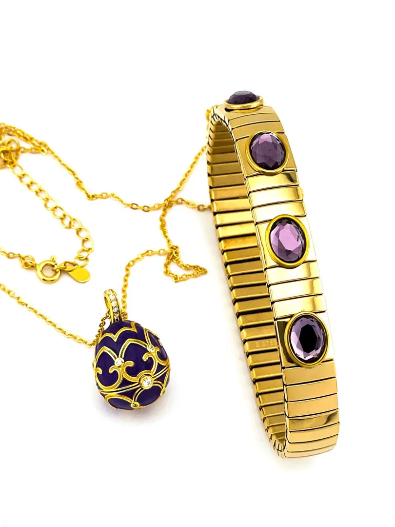 Pierre Lorren Faberge Necklace & Amethyst Bracelet Faberge Egg Pendant Set Austrian Crystal Diamond Fabergé Style Pendant Faberge Jewelry