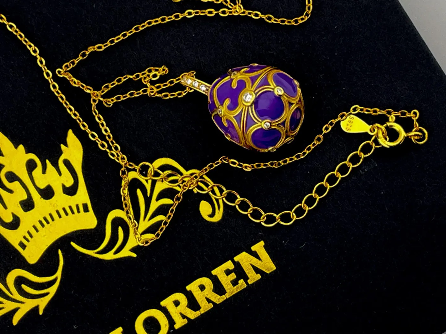 Pierre Lorren Faberge Necklace & Amethyst Bracelet Faberge Egg Pendant Set Austrian Crystal Diamond Fabergé Style Pendant Faberge Jewelry