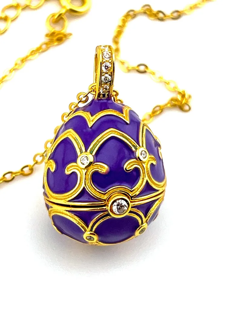 Pierre Lorren Faberge Necklace & Amethyst Bracelet Faberge Egg Pendant Set Austrian Crystal Diamond Fabergé Style Pendant Faberge Jewelry