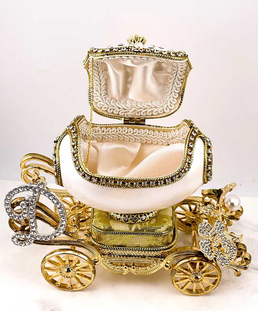 Custom Faberge Egg Trinket Box Pure Gold Decor Musical Fabergé Egg Silk Interior Austrian Crystals Diamonds & Bracelet - Pendant for Her Wedding