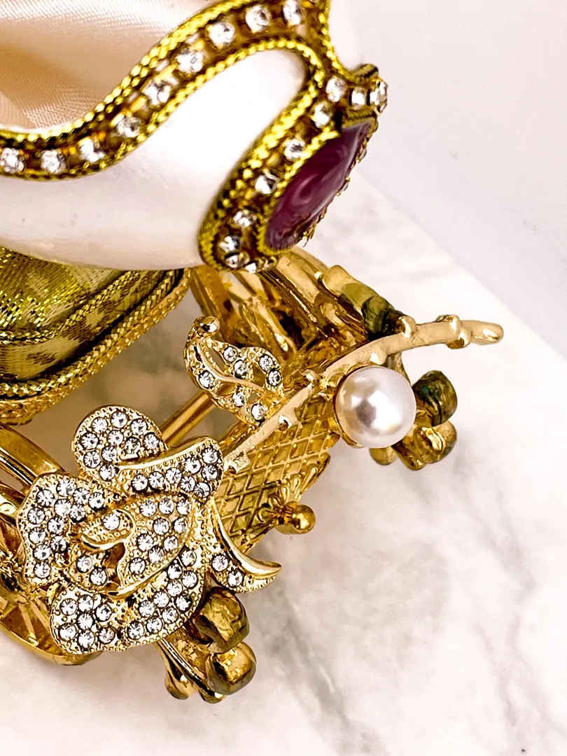 Custom Faberge Egg Trinket Box Pure Gold Decor Musical Fabergé Egg Silk Interior Austrian Crystals Diamonds & Bracelet - Pendant for Her Wedding