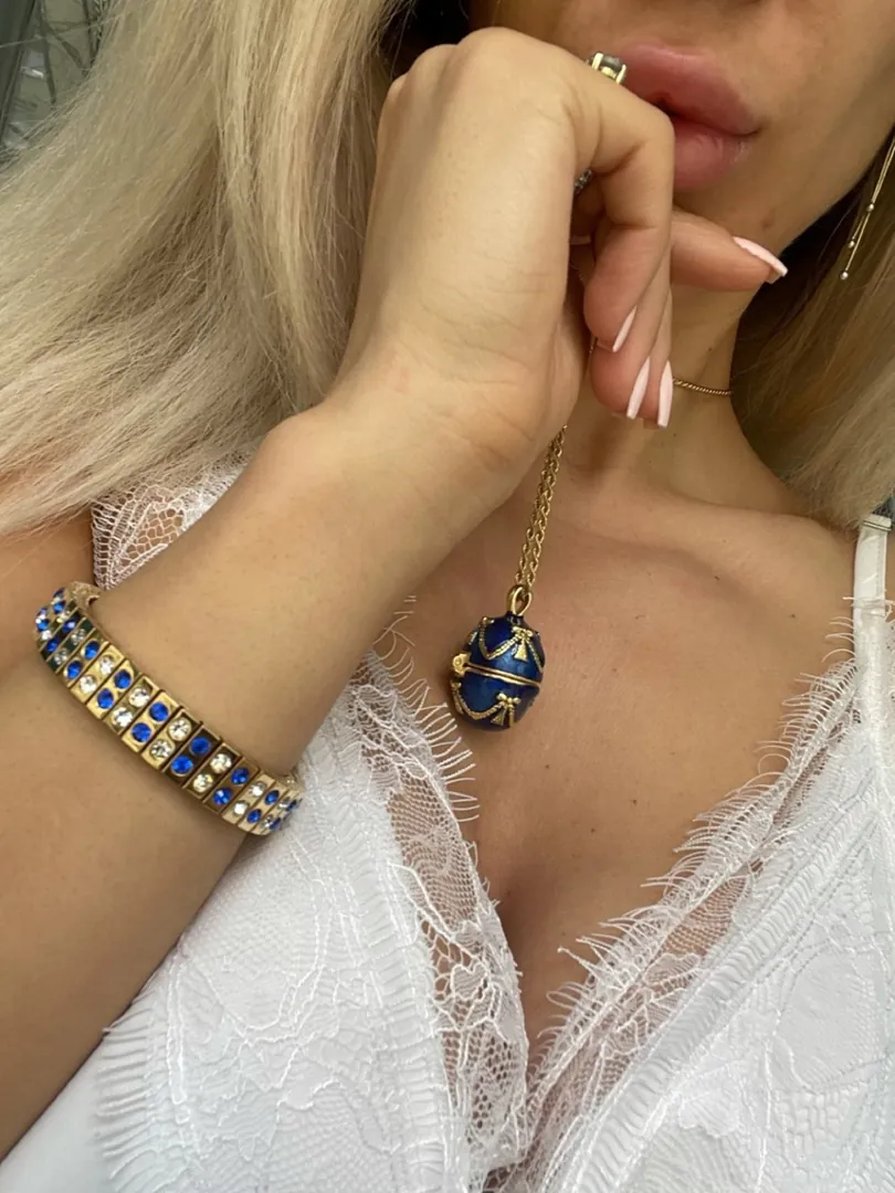 FABERGE Egg Pendant Bracelet Necklace SET Something Blue Jewelry for Wedding Gift Bride Bridesmaid Jewelry HANDMADE 24k Gold Bracelet 2ct