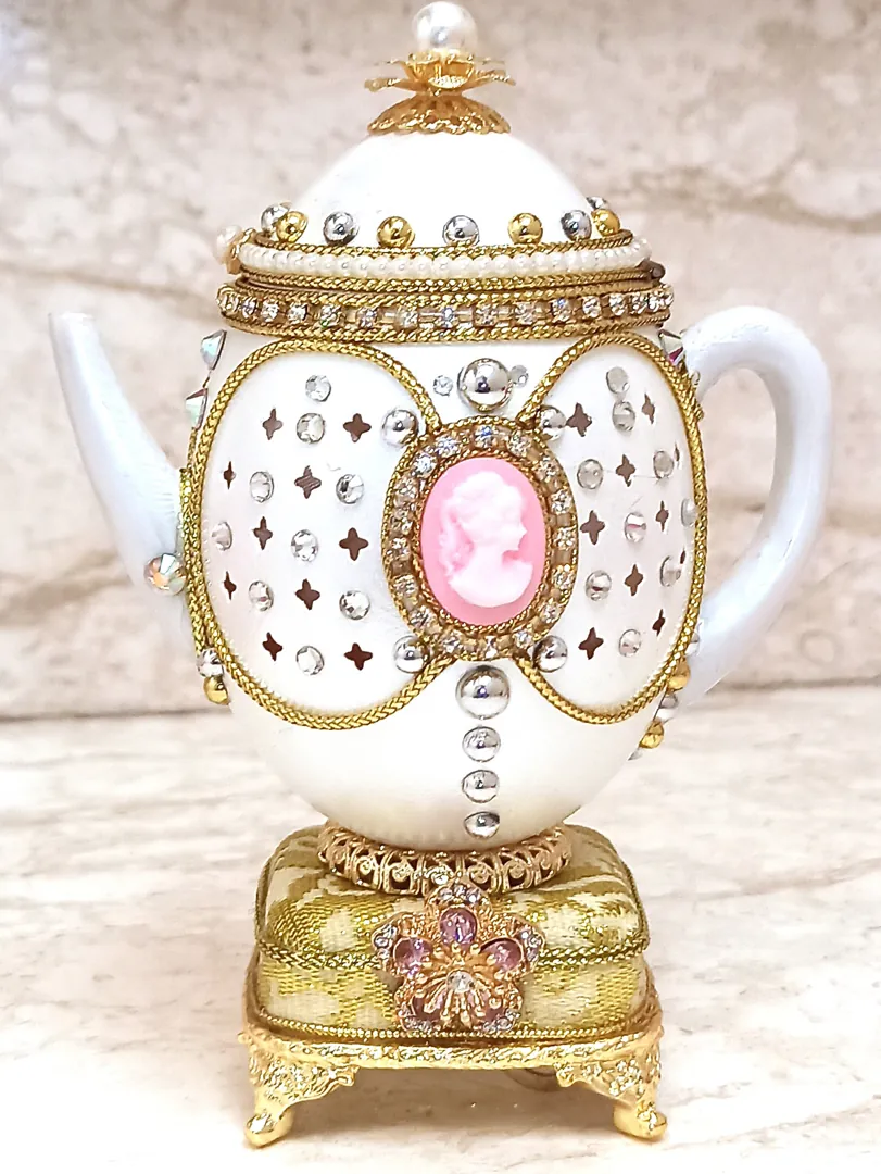 FABERGE Egg Ornaments Queen of Hearts Lady Diana TIARA & Silver Commemorative COIN Royal Family Princess of Wales Teapot Fabergé Egg Style