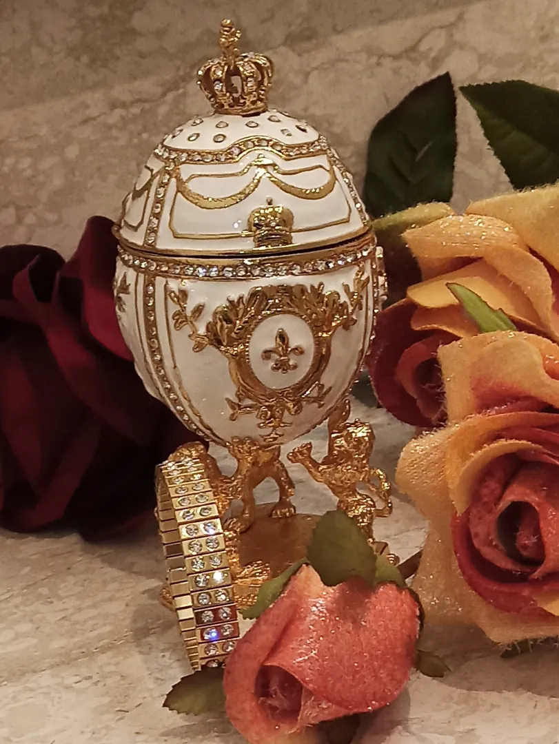 Faberge Egg Trinket Box Faberge Style 24K Gold Imperial Lions 200 Austrian Crystals Handset Diamonds 2ct Bracelet Fabergé Egg Jewelry Box