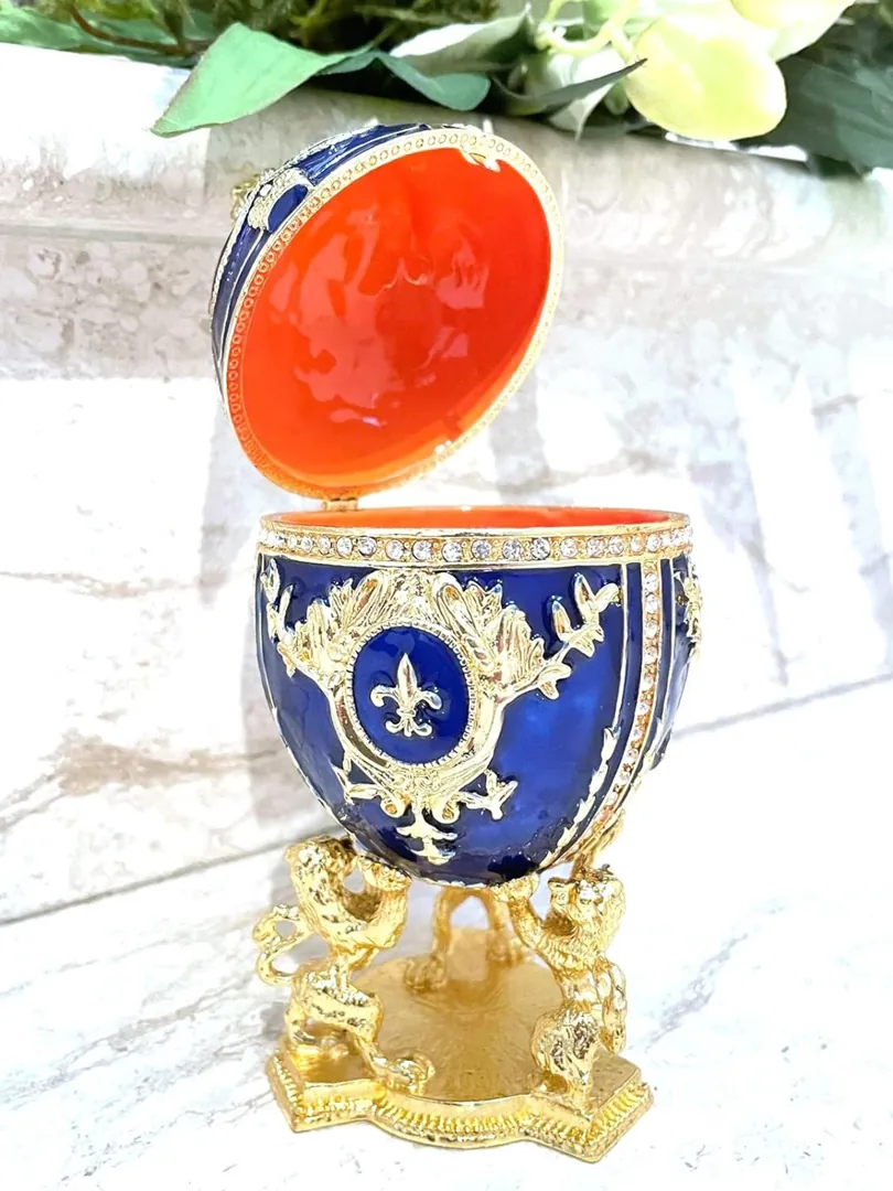 Designer Faberge Style Egg Gift for Him, Sapphire Blue, 24k Gold Faberge Egg, Decorative Boxes, Trinket Box, Handmade, Christmas, Easter, Birthday.