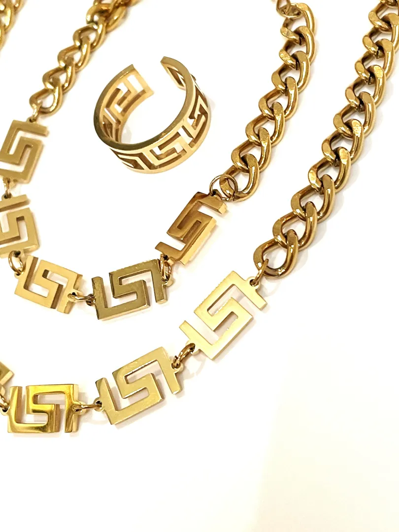 Designer Greek Key Necklace, Greek Key Bracelet, Meander Earrings, Ancient Greek Eternity Ring. Made in Greece. Handmade Jewellery by Pierre Lorren.