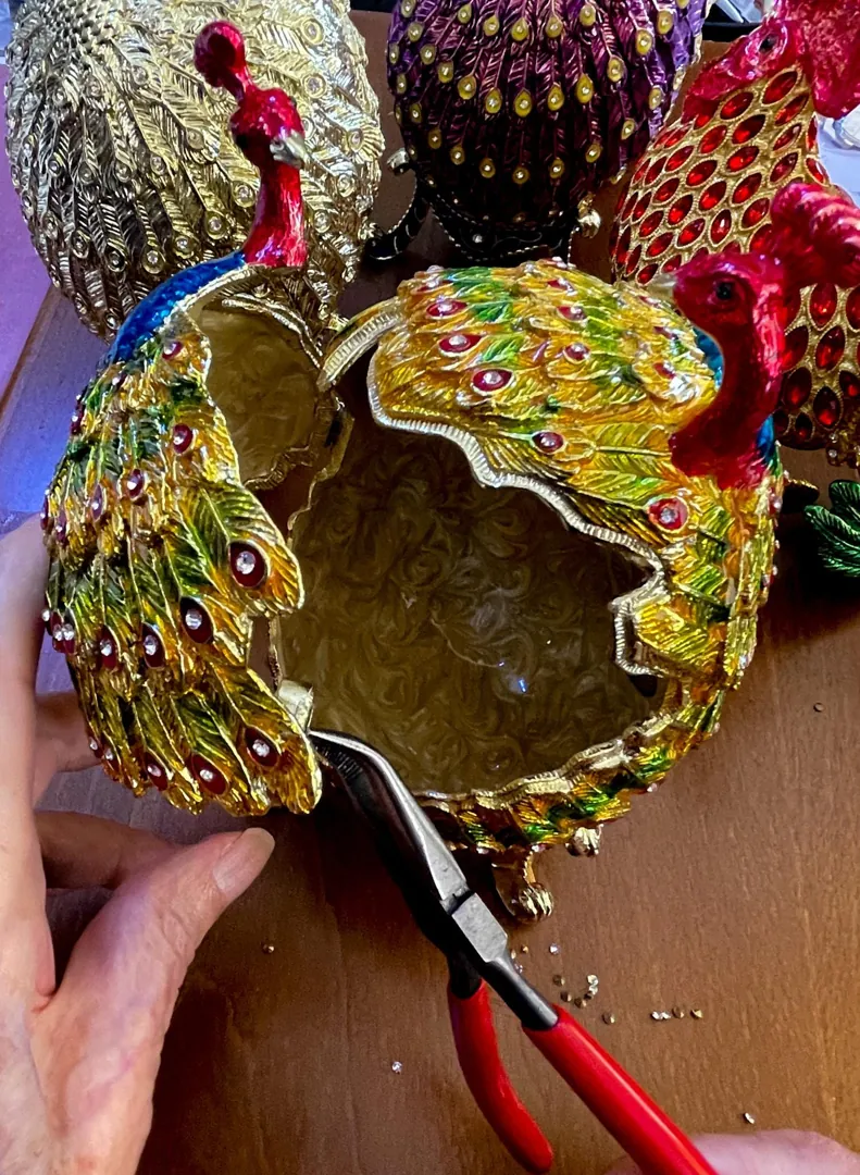 Peacock Fabergé Egg Style Pure Gold Decor Collectors Egg Faberge Jewelry Box Faberge Egg Trinket Box Austrian Crystal Diamond Handmade 7.9