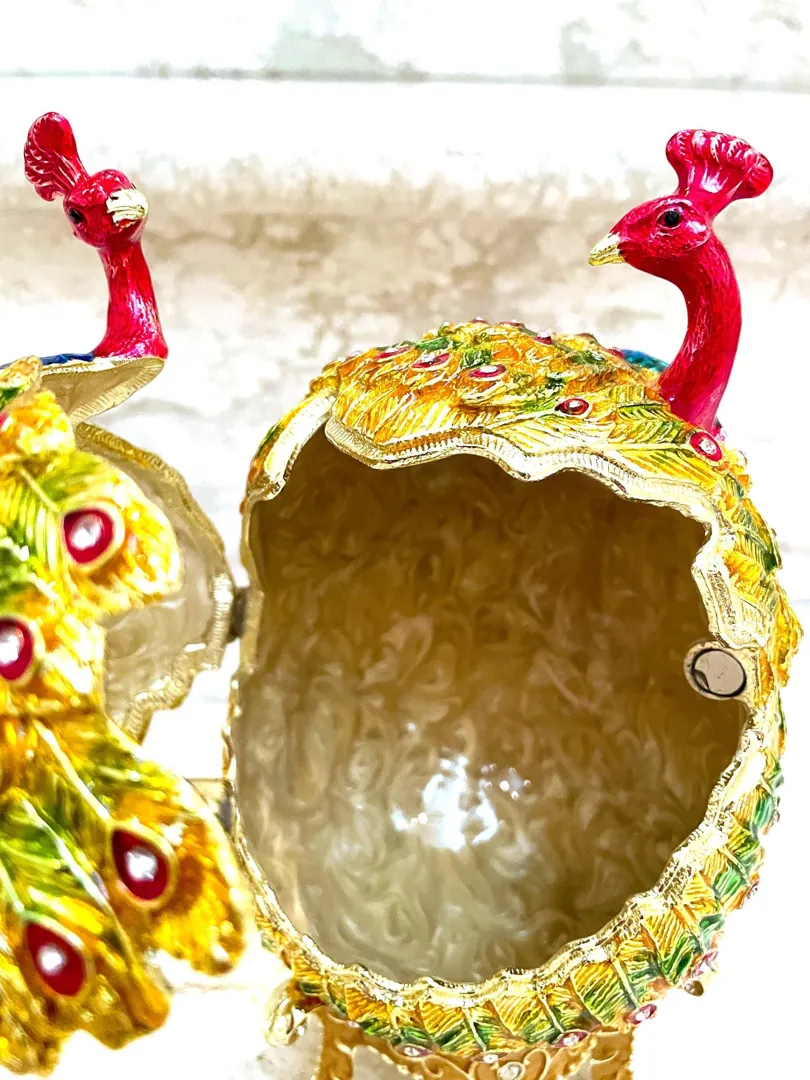 Pierre Lorren Multi Peacock Jewelry Box Faberge Egg Pure Gold Swarovski Handmade Faberge Trinket Box & Bracelet Peacock Gifts for Her 7.9