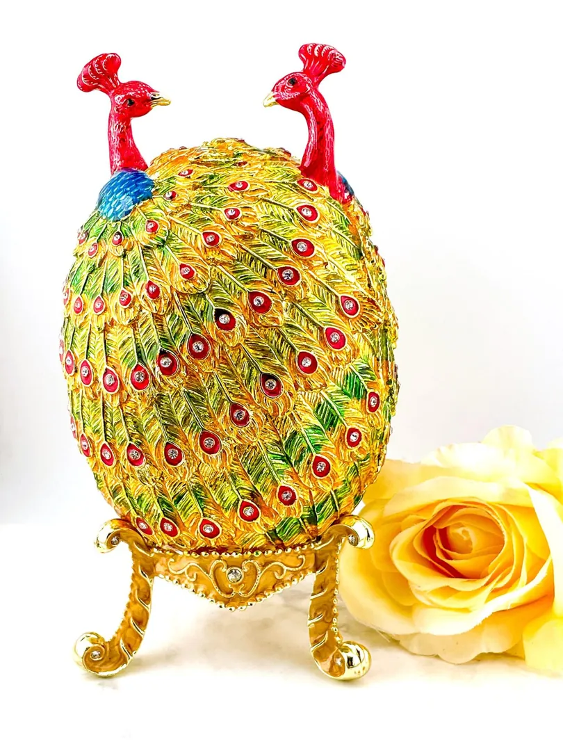 Pierre Lorren Multi Peacock Jewelry Box Faberge Egg Pure Gold Swarovski Handmade Faberge Trinket Box & Bracelet Peacock Gifts for Her 7.9