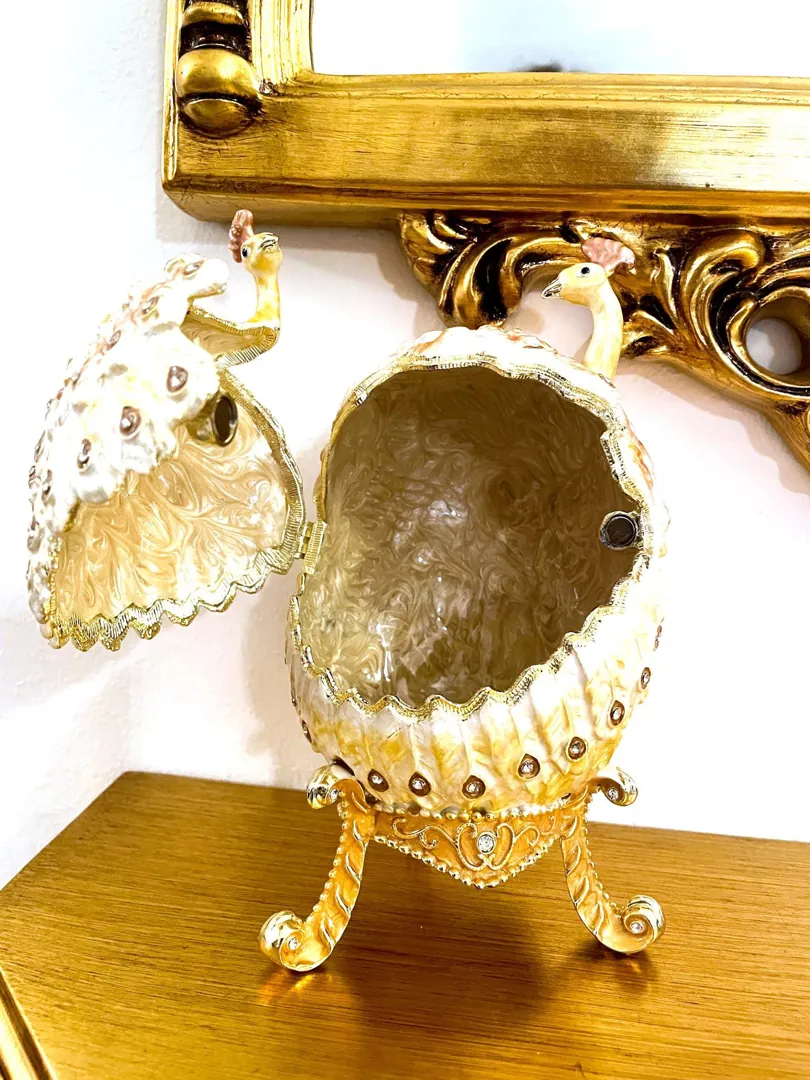 Large Easter Egg Ornament Trinket Gift for Couple Faberge Love Peacock Pure GOLD Decor HANDMADE 286 Swarovski Diamond Bracelet DESIGNER Egg