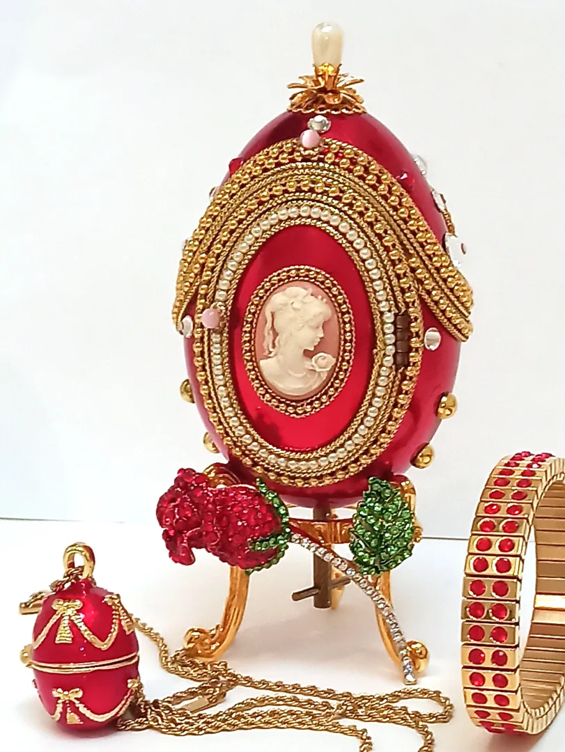 ONE OF A KIND gift, Faberge Egg Trinket Box, Faberge MUSIC Box, Antique Picture Frame, Vintage Egg Faberge style, 24k Necklace Bracelet & Faberge egg.