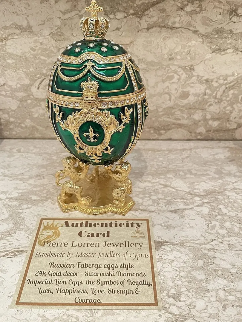 Imperial Emerald Faberge Eggs Fabergé Egg Style Handmade Trinket Box by Pierre Lorren Pure Gold Decor Swarovski Easter Egg Gift Idea 6.5