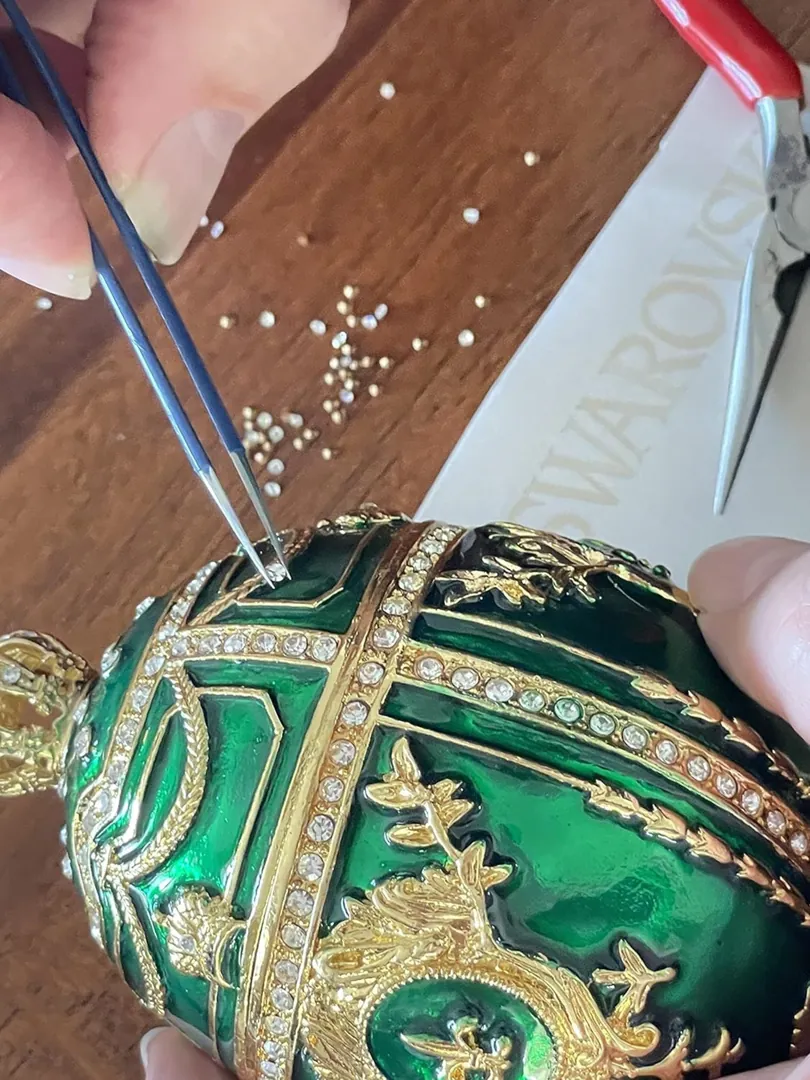 Imperial Emerald Faberge Eggs Fabergé Egg Style Handmade Trinket Box by Pierre Lorren Pure Gold Decor Swarovski Easter Egg Gift Idea 6.5