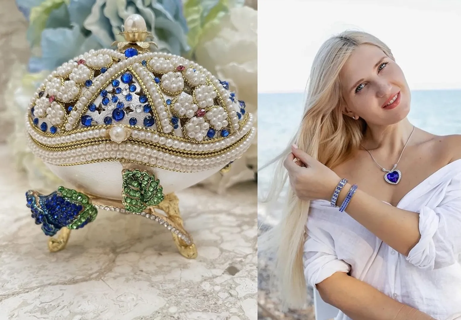 VALENTINE Day gift for her Something Blue FABERGE egg BRIDE-to-be present on Valentine's Day Fabergé egg Handcarved Silk Musical Box present.