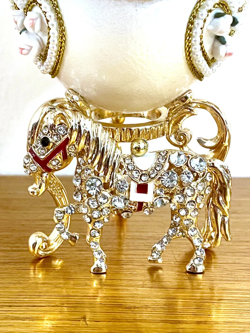 Designer Faberge Egg Musical Carousel HANDCARVED NATURAL Egg Swarovski Diamond Pure GOLD Decor Unique Ornaments Horse Lovers Gifts for Her