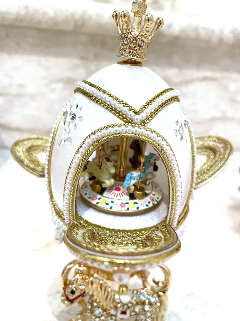 Designer Faberge Egg Musical Carousel HANDCARVED NATURAL Egg Swarovski Diamond Pure GOLD Decor Unique Ornaments Horse Lovers Gifts for Her