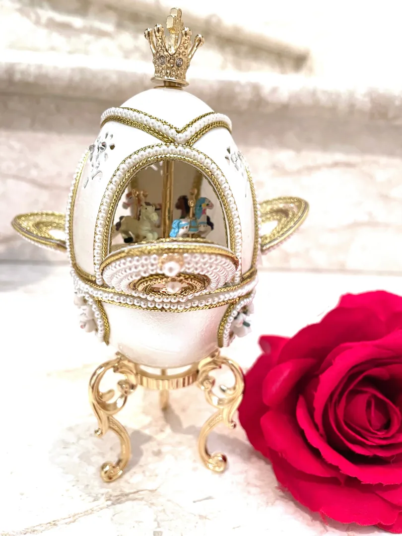 Designer Faberge Egg Musical Carousel HANDCARVED NATURAL Egg Swarovski Diamond Pure GOLD Decor Unique Ornaments Horse Lovers Gifts for Her