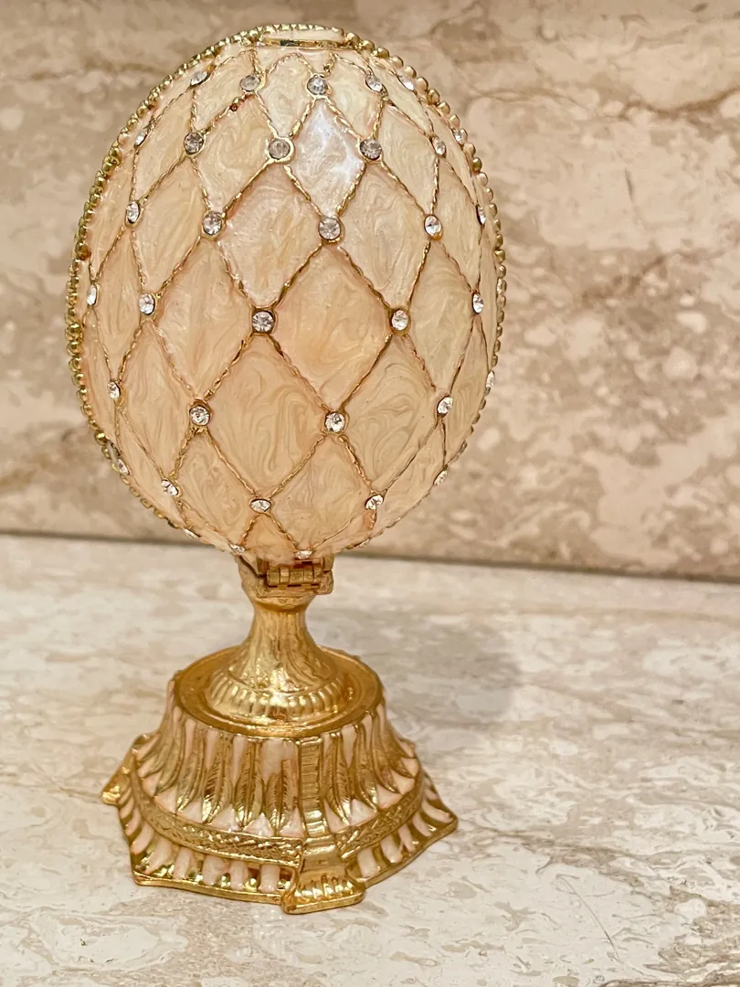 Faberge Egg Decorative Boxes 333 Austrian Crystal Handset Jewelry Box Fabergé Egg Imperial Crown Hideaway Trinket PLUS Faberge Necklace 24k