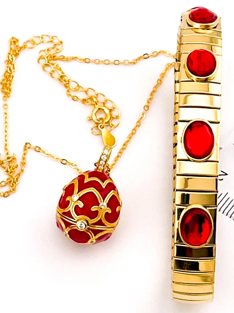 Pierre Lorren Faberge Necklace and Ruby Red Bracelet Faberge Egg Pendant Set. Austrian Crystal Diamond Fabergé Style Pendant and Faberge Jewelry.