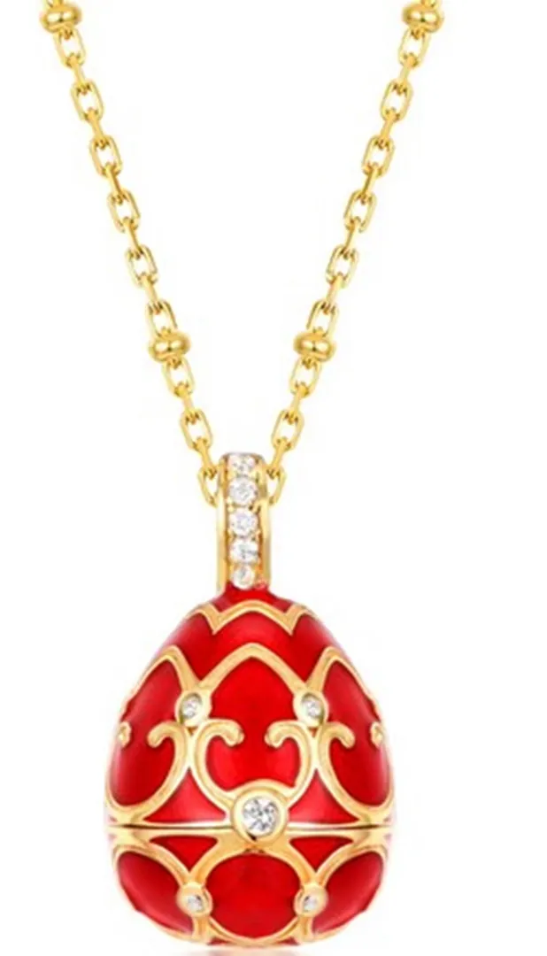 Pierre Lorren Faberge Necklace and Ruby Red Bracelet Faberge Egg Pendant Set. Austrian Crystal Diamond Fabergé Style Pendant and Faberge Jewelry.