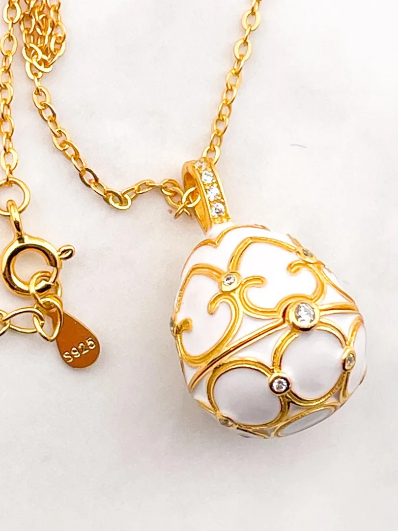 Pierre Lorren White Faberge Necklace & Bracelet Faberge Egg Pendant Set Austrian Crystal Diamond Fabergé Style Pendant Faberge Jewelry Gold.