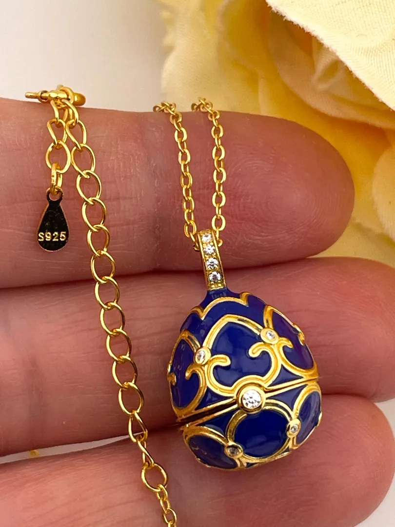 Pierre Lorren Faberge Necklace & Sapphire Bracelet Faberge Egg Pendant Set Austrian Crystal Diamond Fabergé Style Pendant Faberge Jewelry