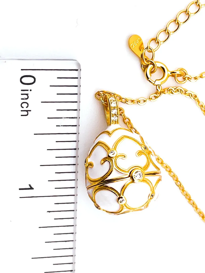 Luxury White Faberge Egg Necklace, Faberge Jewelry, Faberge Pendant Egg, Handmade Valentine’s Day Gift for Her, 18k Yellow Gold Wedding Gift.