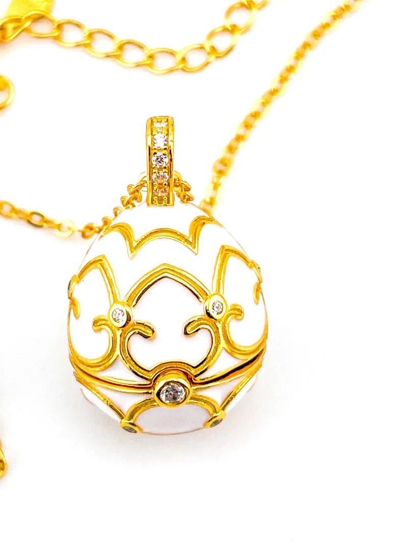 Luxury White Faberge Egg Necklace, Faberge Jewelry, Faberge Pendant Egg, Handmade Valentine’s Day Gift for Her, 18k Yellow Gold Wedding Gift.