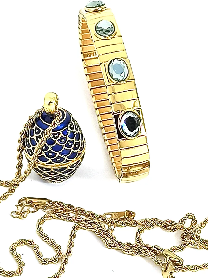 Handmade Faberge Egg Style Pendant Guilloche Enamel 24K Gold Sterling Silver Egg Necklace Imperial Fabergé Egg Easter + Blue Bracelet Jewelry