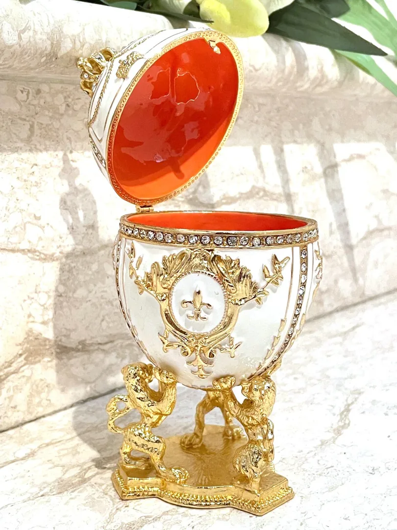 Luxury Handmade White Faberge Egg Crystal Jewelry Box & Fabergé Pendant Engagement Gift for Her Imperial Faberge Style Egg Set 24k Handset