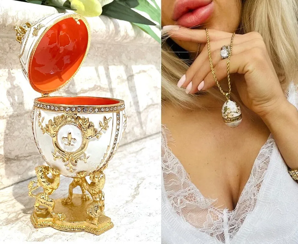Luxury Handmade White Faberge Egg Crystal Jewelry Box & Fabergé Pendant Engagement Gift for Her Imperial Faberge Style Egg Set 24k Handset