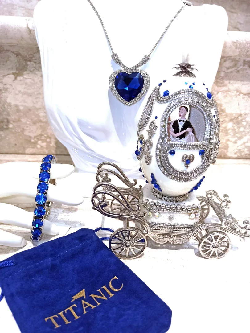 Designer Gifts, ONE OF A KIND, Faberge egg, Large SILVER Heart Ocean Necklace & Tennis Bracelet, Faberge egg Music, SAPPHIRE Wedding Anniversary.