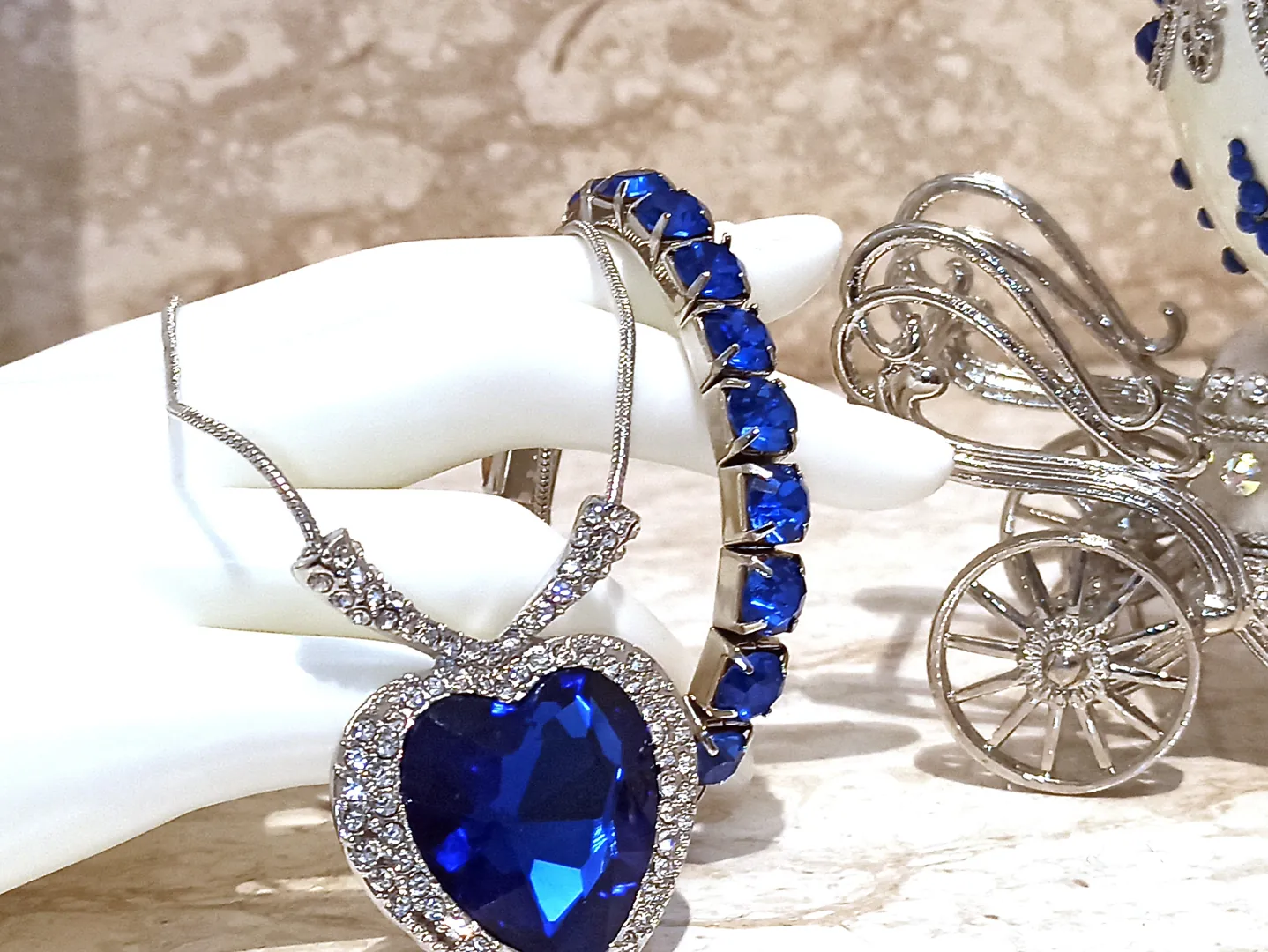 Designer Gifts, ONE OF A KIND, Faberge egg, Large SILVER Heart Ocean Necklace & Tennis Bracelet, Faberge egg Music, SAPPHIRE Wedding Anniversary.