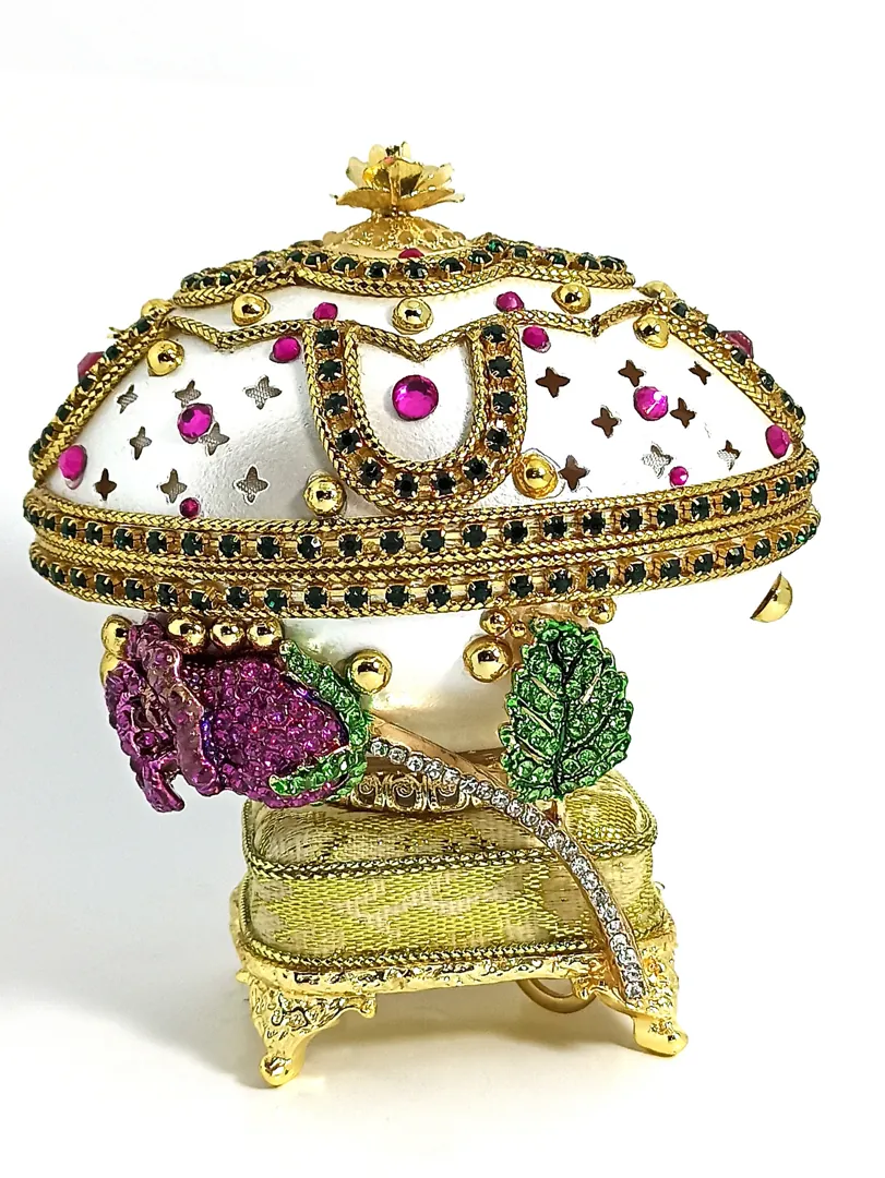 One Of a Kind Faberge Egg style HANDCARVED Collectible Fabergé Egg Musical Silk Interior Jewelry Box Amethyst Rose Valentines Day Christmas