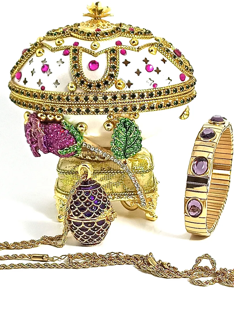 One Of a Kind Faberge Egg style HANDCARVED Collectible Fabergé Egg Musical Silk Interior Jewelry Box Amethyst Rose Valentines Day Christmas