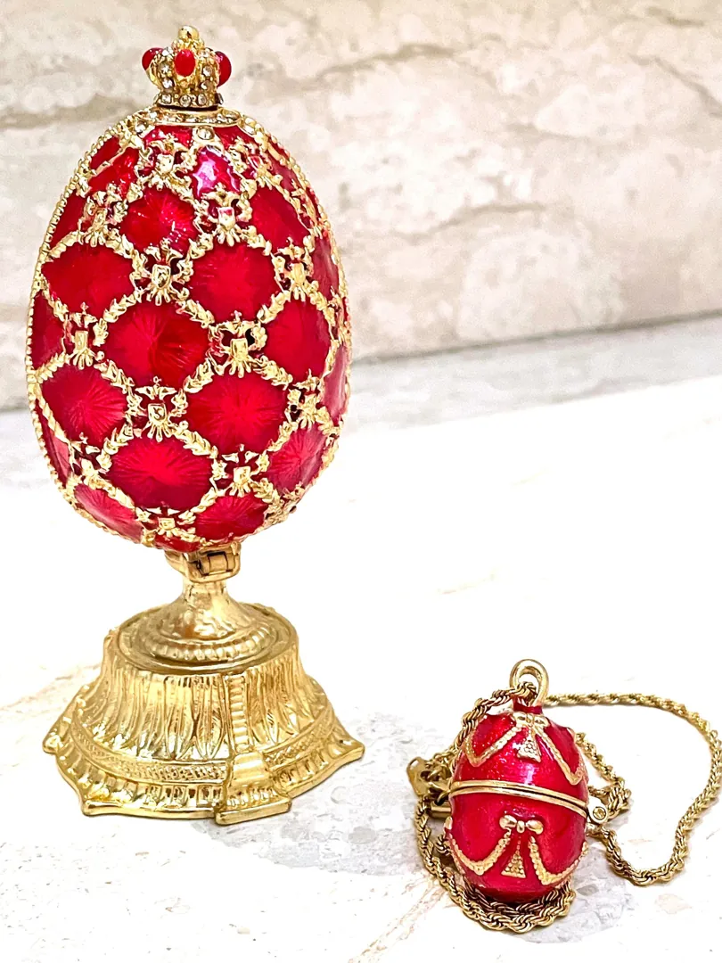Ruby Faberge Egg Box & Faberge Necklaces, St. Petersburg Faberge Ornaments, Birthday Love Protection Wisdom. Birthday Christmas Gifts for Women.