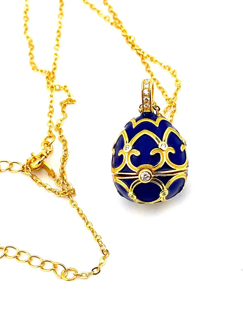Luxury SAPPHIRE Blue Necklace Faberge Egg Necklace Faberge Jewelry Faberge Pendant Egg Verm HANDMADE Valentine Gift for her 18k Yellow Gold