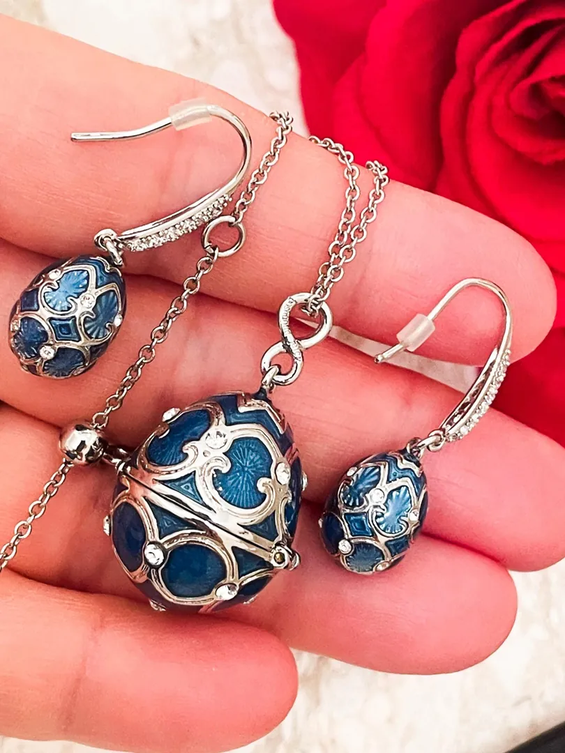 Handmade Faberge Egg Pendant Necklace Fabergé Egg Earrings Set: 18k White Gold Silver Jewelry Austrian Crystal Diamonds Pierre Lorren