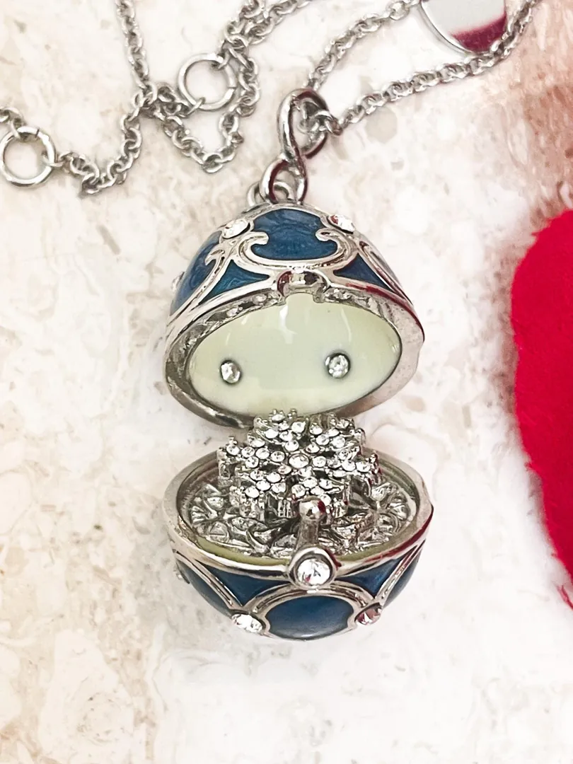 Handmade Faberge Egg Pendant Necklace Fabergé Egg Earrings Set: 18k White Gold Silver Jewelry Austrian Crystal Diamonds Pierre Lorren