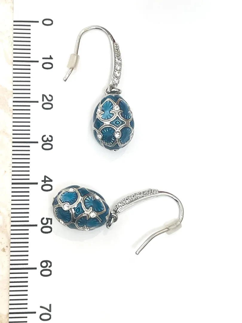 Handmade Faberge Egg Pendant Necklace Fabergé Egg Earrings Set: 18k White Gold Silver Jewelry Austrian Crystal Diamonds Pierre Lorren