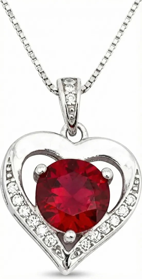 Heart Ruby Diamond Necklace, Heart Shaped Ruby, 18K White Gold, Silver Ruby, Valentine's Day, Mother's Day, May Birthday gift for women.